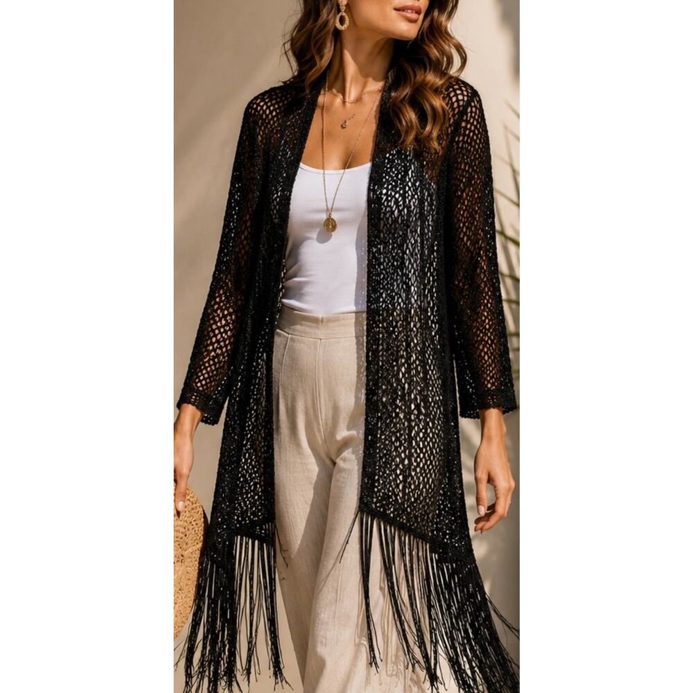 Chico’s Black Open Knit Fringe Cardigan Women M Long Boho Kimono Duster Sweater